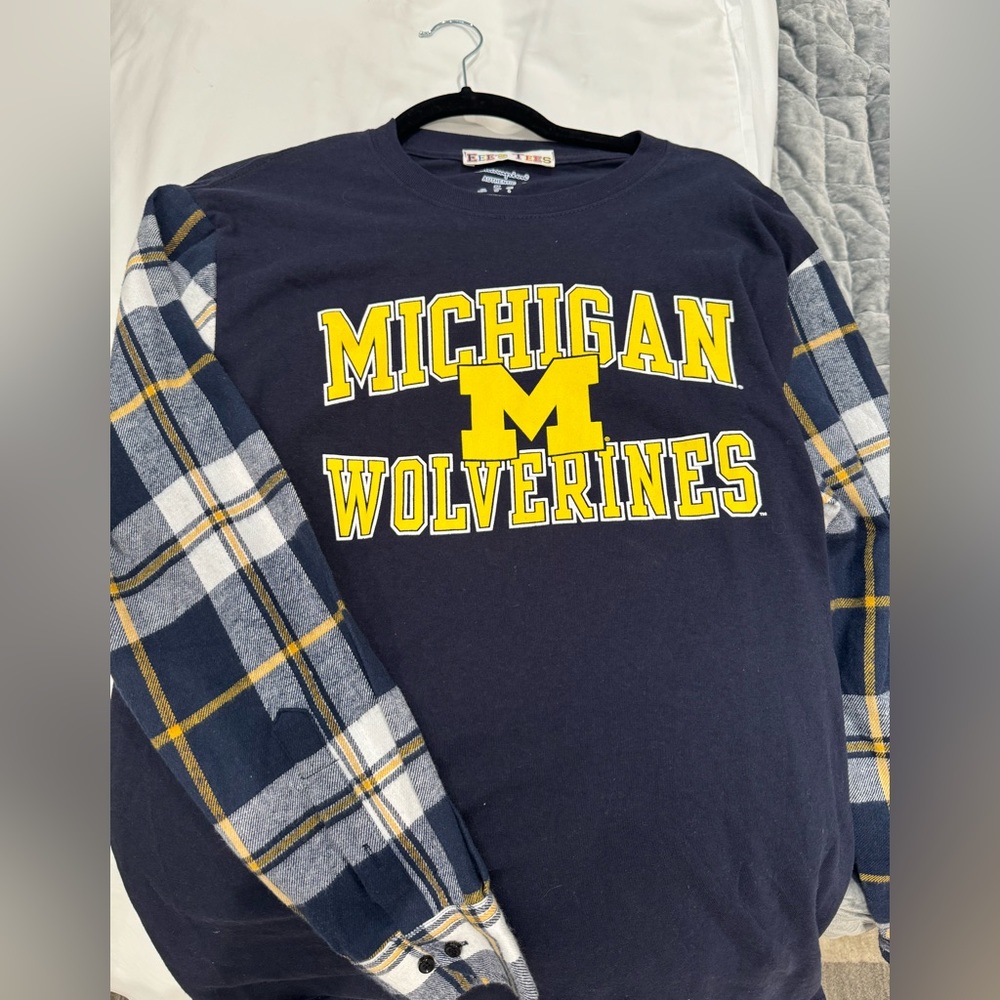 Navy long sleeve Michigan t shirt with plaid sleeves